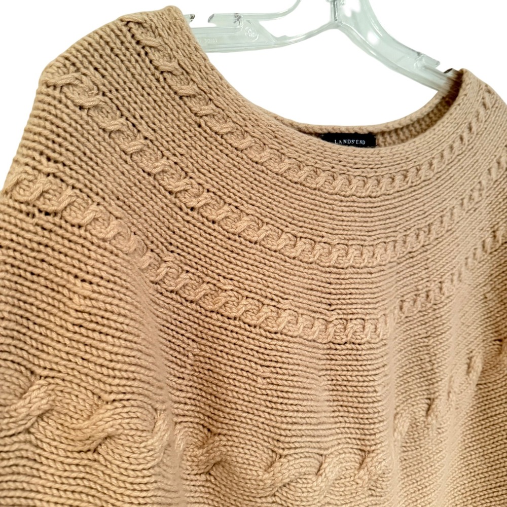 Lands' End Cable Knit Wool Poncho Women's S/M Beige Western‎ Fringe Boho Hippie - Picture 2 of 6